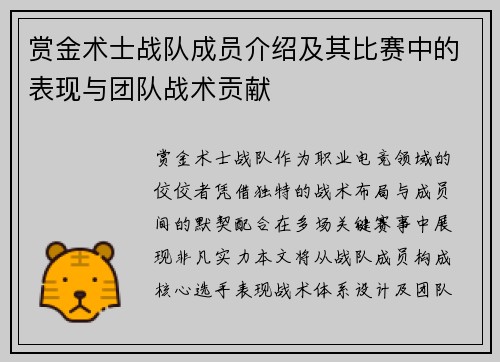 赏金术士战队成员介绍及其比赛中的表现与团队战术贡献