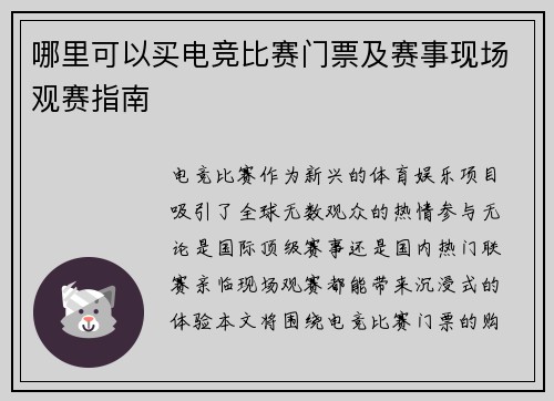哪里可以买电竞比赛门票及赛事现场观赛指南